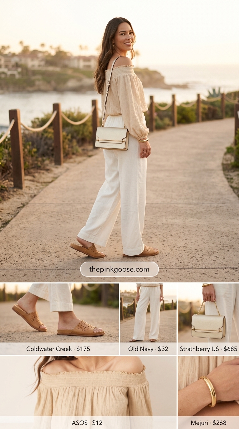 Refined white linen trousers, beige off-the-shoulder smocked top, tan leather slides, and a cream top-handle bag for summer outfits for women over 30 2026.