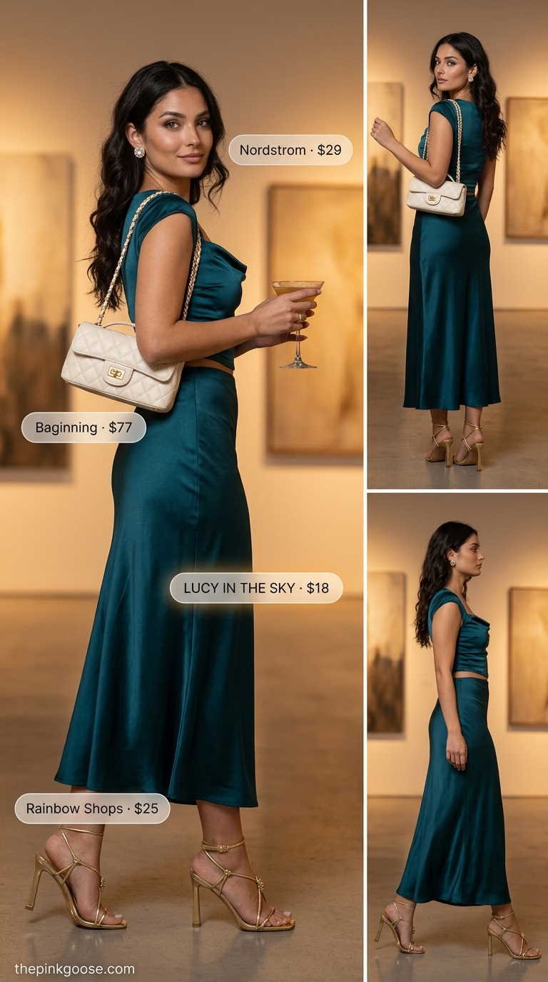 A sophisticated deep teal satin co-ord set with gold accessories, glamorous summer outfits for women over 30 2026 for a summer evening soirée.