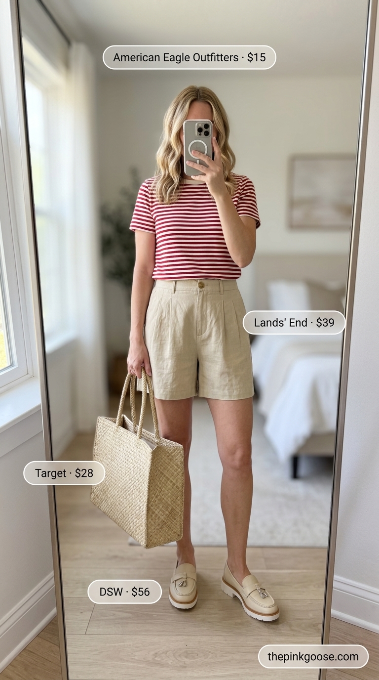 Playful red and white striped tee, khaki linen shorts, woven straw tote, and cream loafers – a chic casual look for summer outfits for women over 30 2026.