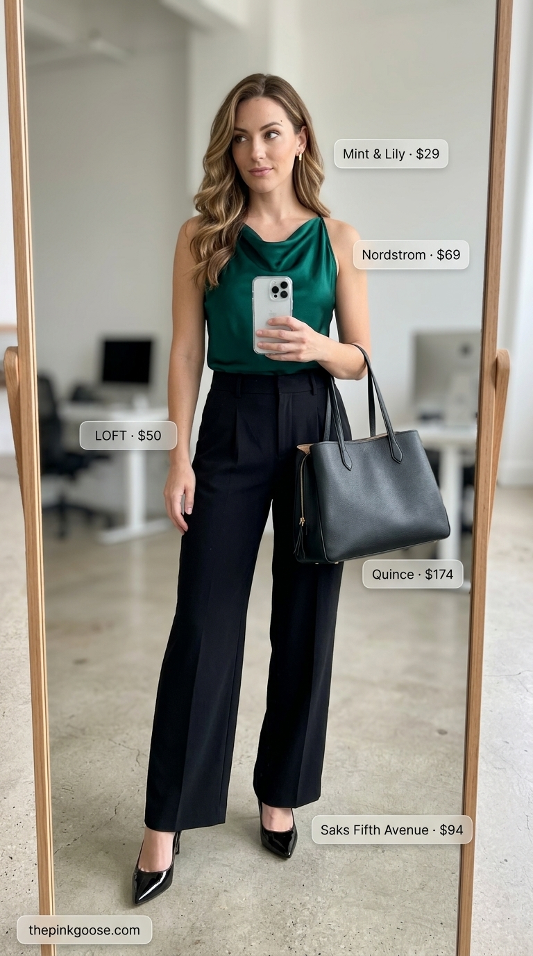 Professional emerald green silk blouse, black tailored trousers, patent pumps, and a leather tote for summer outfits for women over 30 2026.