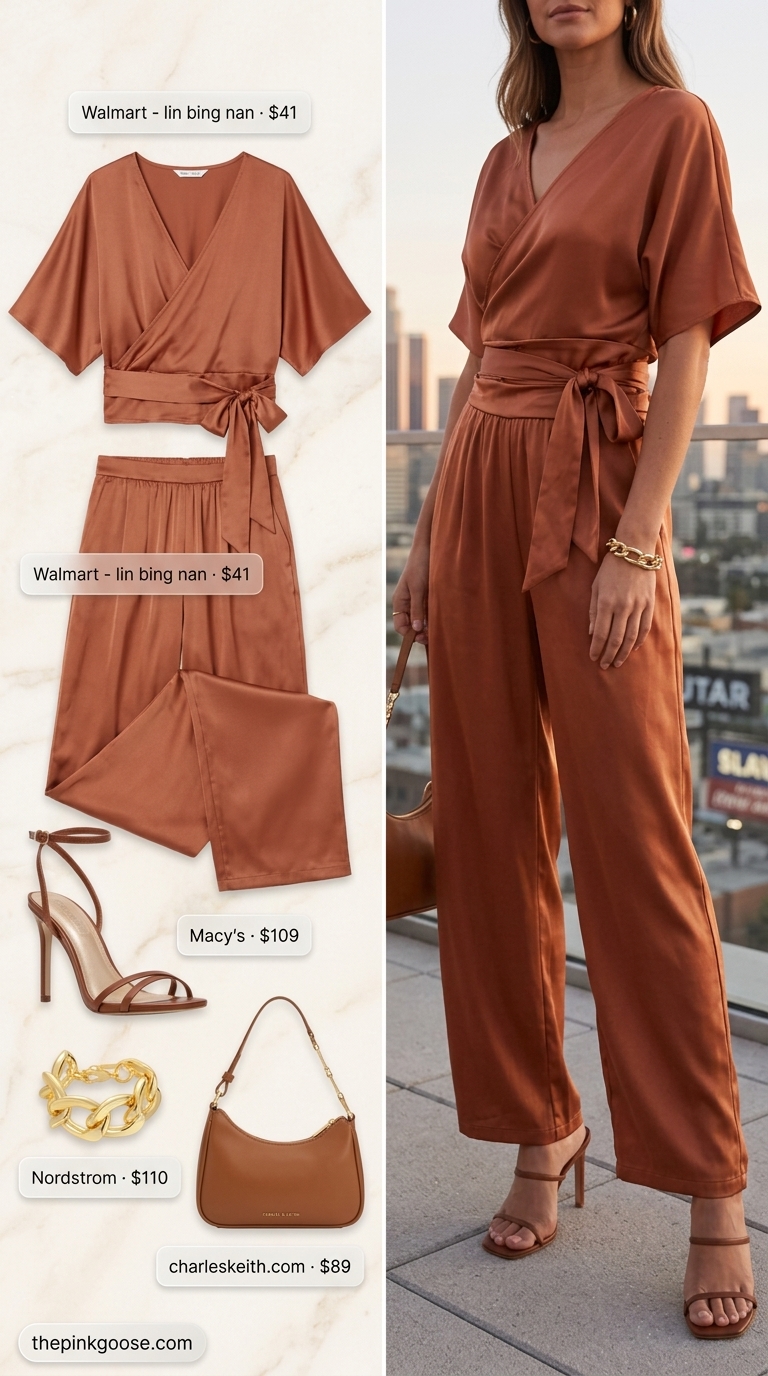 Glamorous terracotta satin matching set for summer outfits for women over 30 2026. Cropped top, wide-leg trousers, gold sandals, and a cream shoulder bag for a cocktail party.