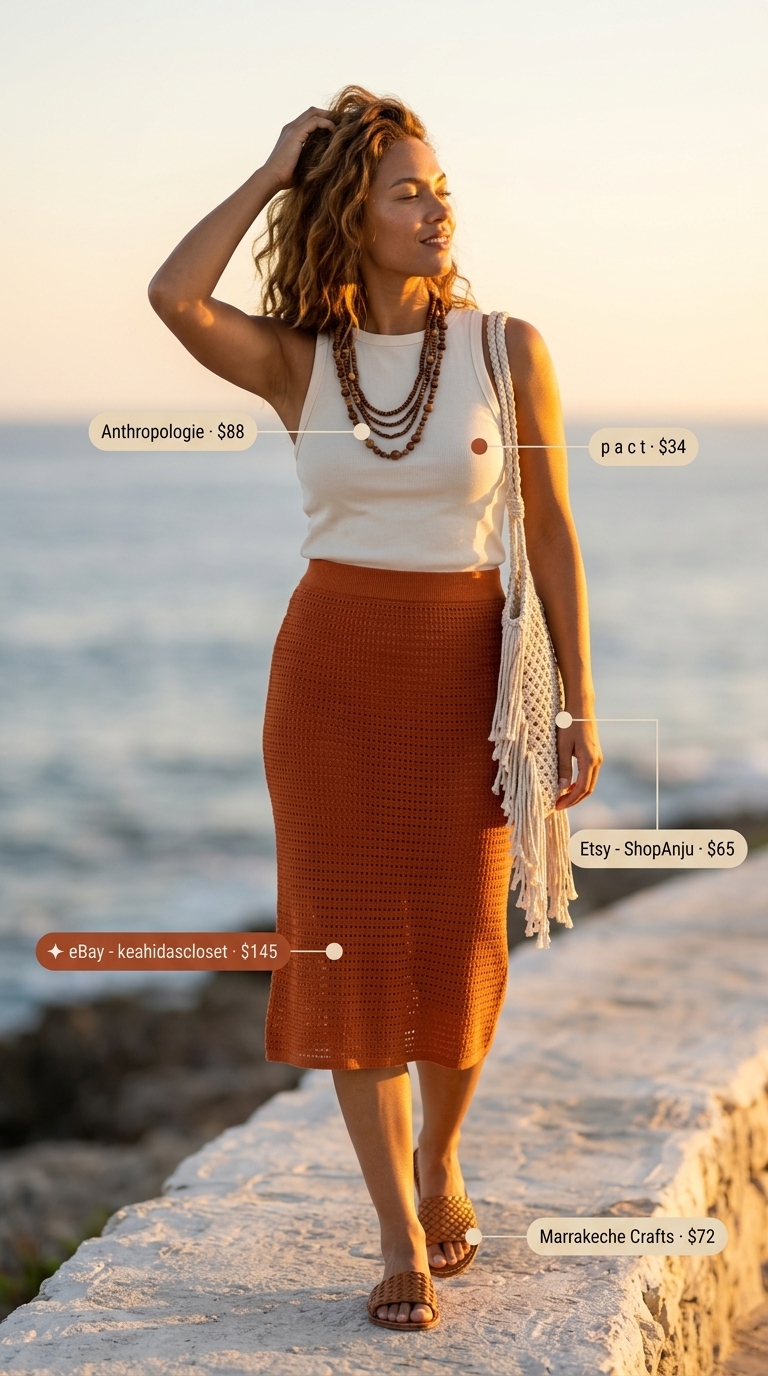Terracotta crochet midi skirt, cream ribbed tank, macrame bag, and layered necklaces for elegant summer pool party outfits for women 2026.