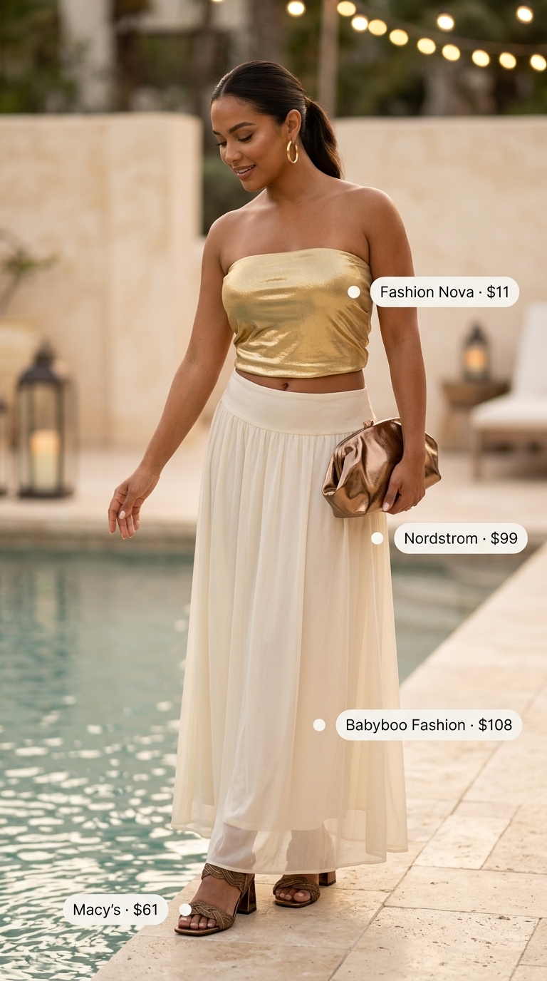 Glamorous golden goddess summer pool party outfit for women 2026 featuring a gold cropped bandeau, an ivory sarong maxi skirt, bronze sandals, and gold accessories, perfect for an evening resort gala.