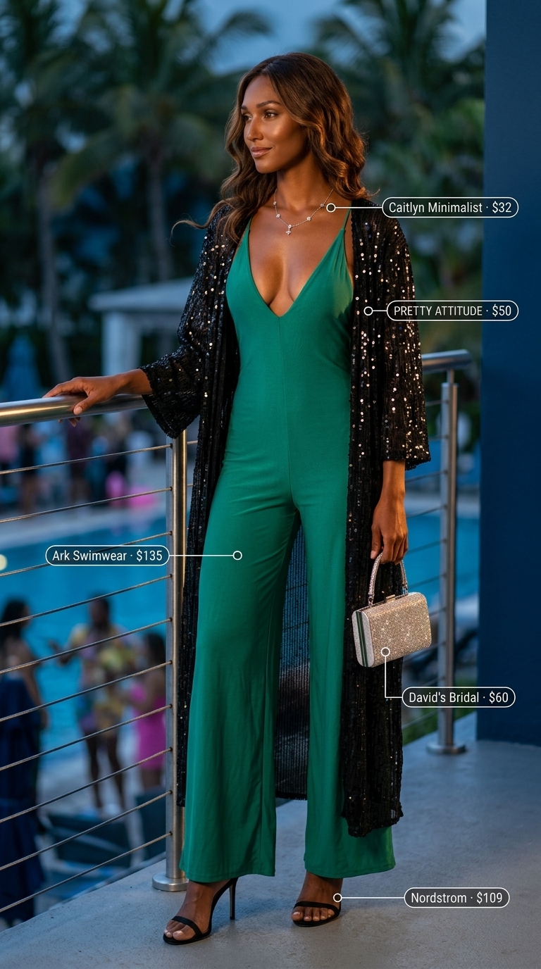 Sultry emerald green swimsuit with a sheer sequin cover-up, silver stiletto sandals, and mini clutch, a glamorous summer pool party outfit for women 2026.