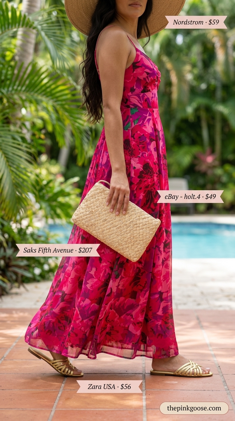 Tropical floral maxi dress, gold sandals, straw clutch, and wide-brim hat, a glamorous choice for summer pool party outfits for women 2026.