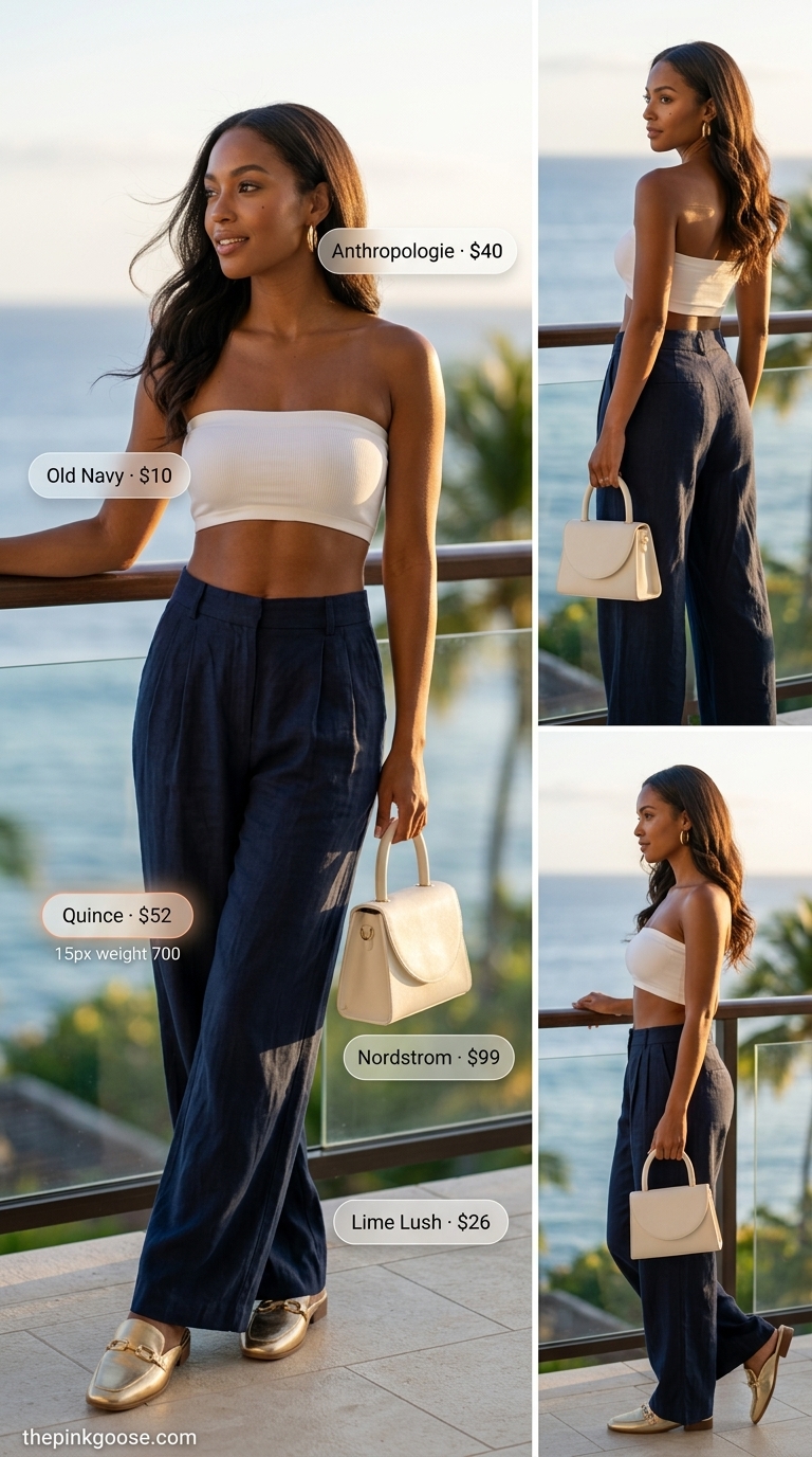 Polished navy wide-leg trousers, white bandeau top, gold mules, and mini top-handle bag, a chic summer pool party outfit for women 2026 for evening resort events.