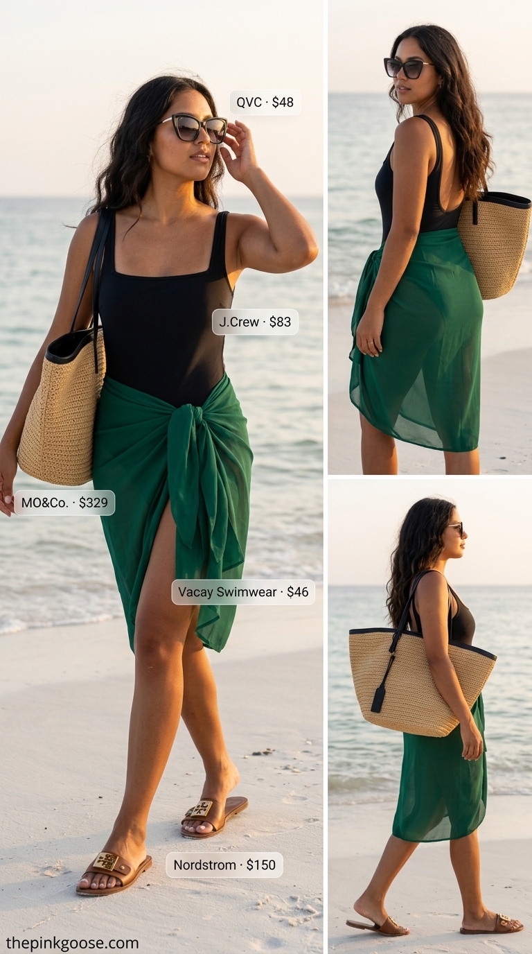 Elegant emerald green silk sarong over a black one-piece swimsuit, black slides, and a large straw tote, a versatile summer pool party outfit for women 2026.