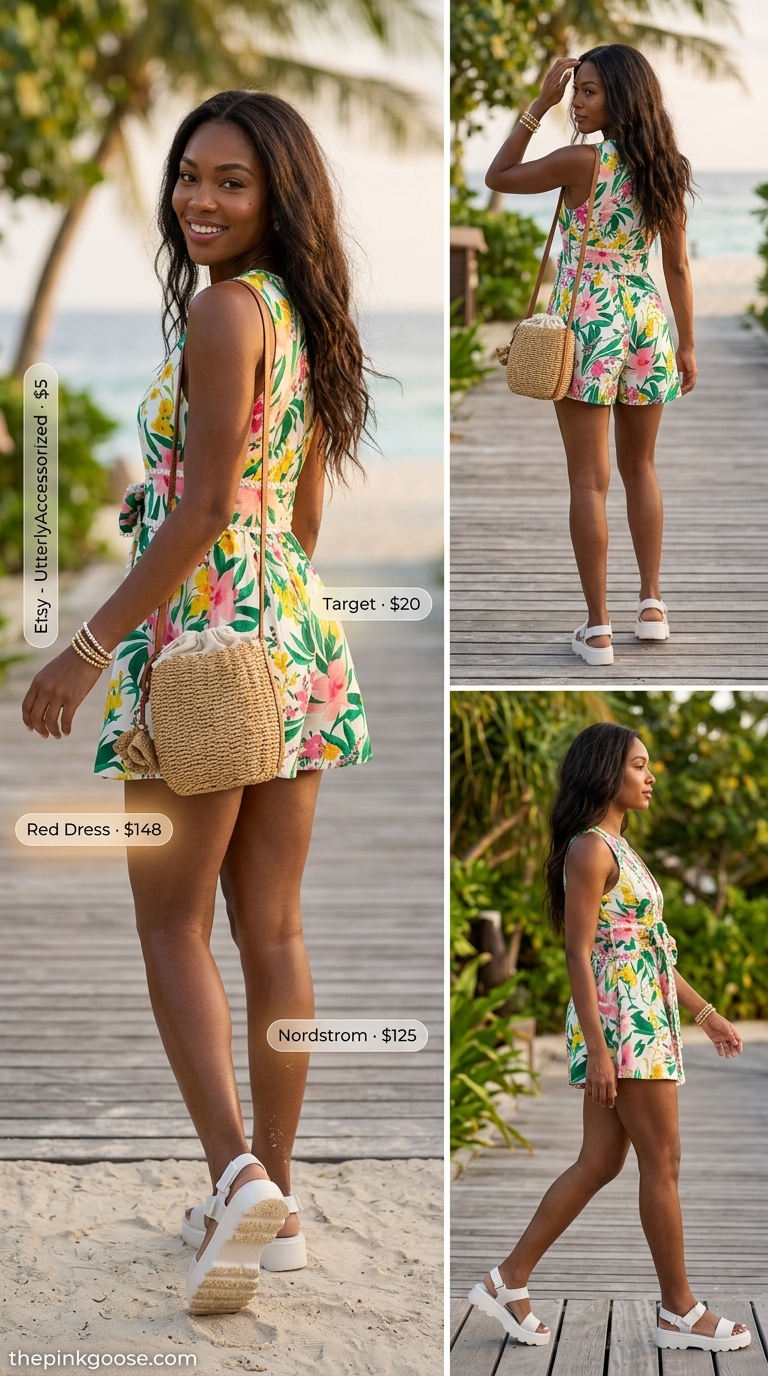Floral print romper, platform sandals, woven bucket bag, and beaded bracelets, a playful choice for summer pool party outfits for women 2026.
