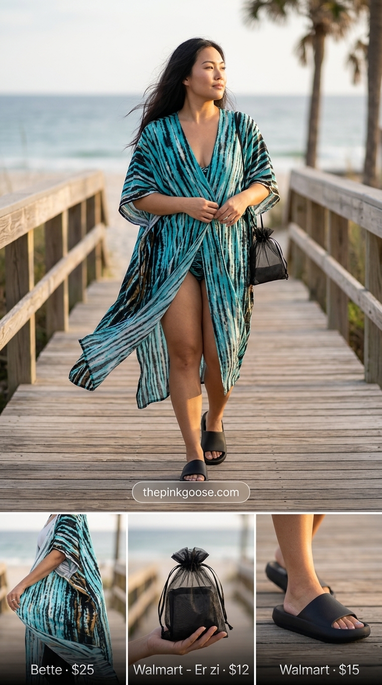 Long abstract print kimono, black bikini, and black slide sandals create a vibrant option for summer pool party outfits for women 2026.