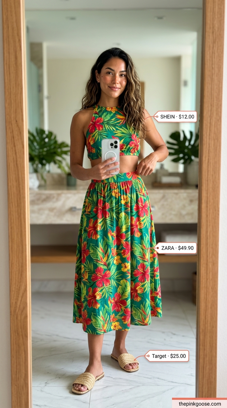 Tropical Print Power: Wide-Leg Pants for a Vibrant Pool Party