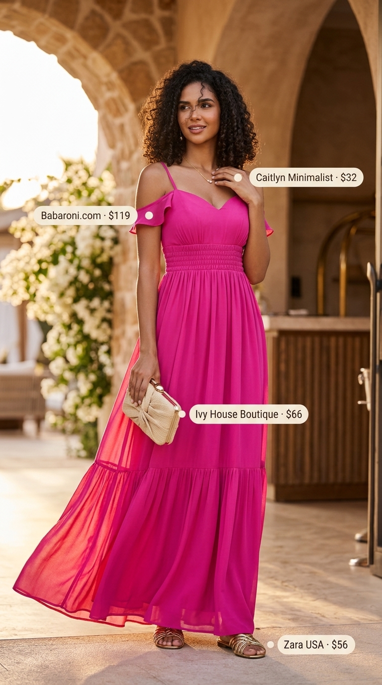 Hot Pink coquette summer outfit 2026: Flowy maxi dress, gold sandals, straw clutch for resort wear.