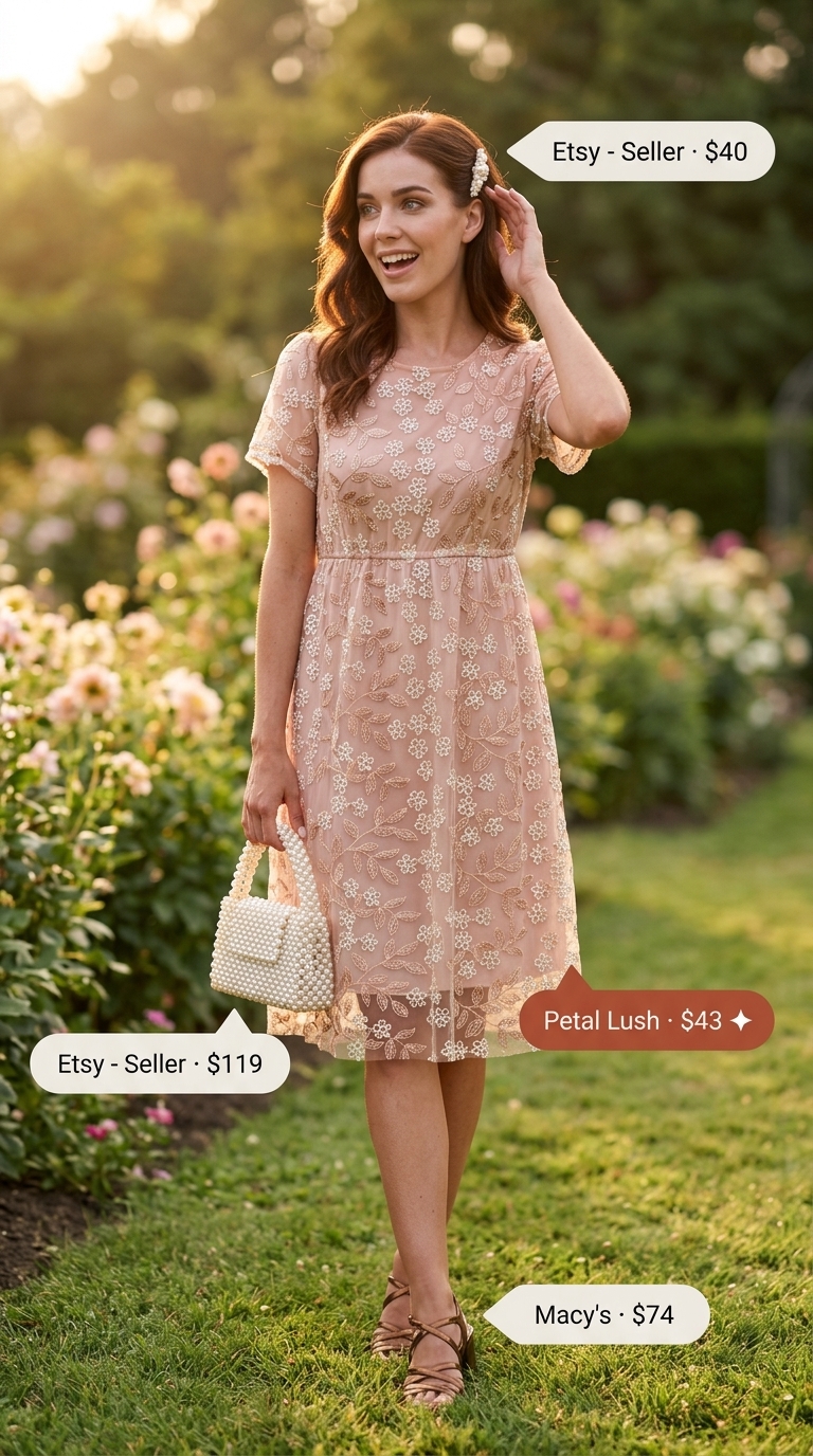 Dusty rose coquette summer outfit 2026: Embroidered midi dress, block heels for wedding guest.