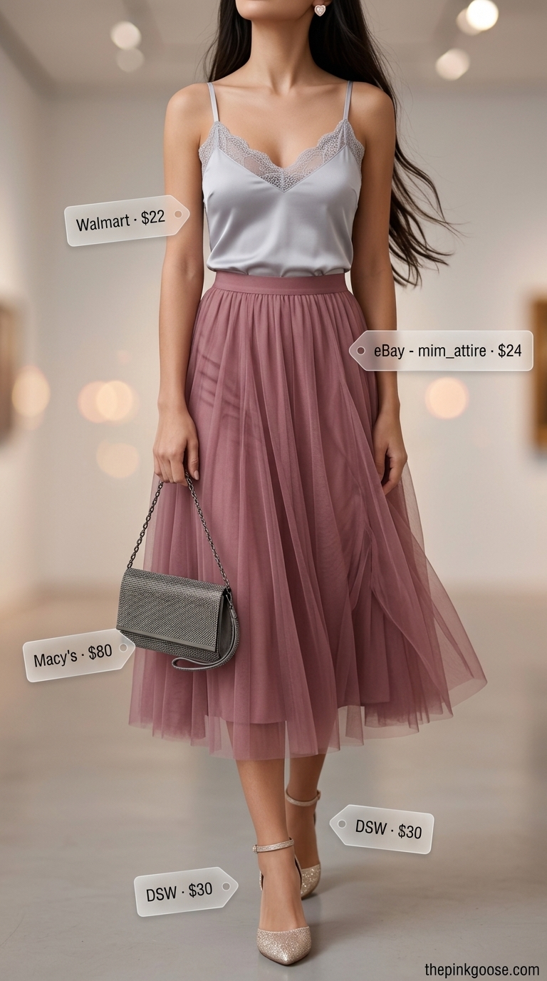 Mauve pink layered mesh midi skirt with charcoal camisole, a chic pink coquette summer outfit 2026.