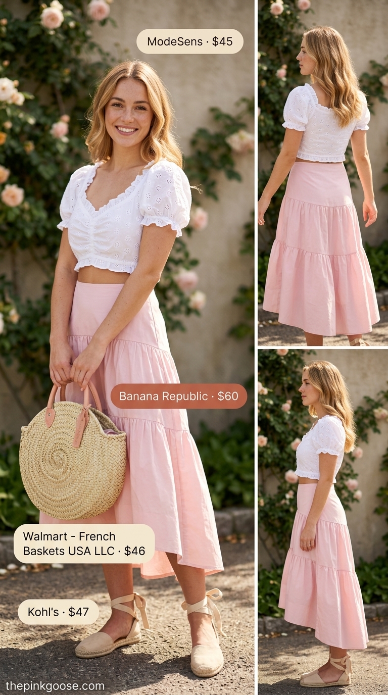 Rose pink tiered midi skirt with white eyelet top, a sweet pink coquette summer outfit 2026.