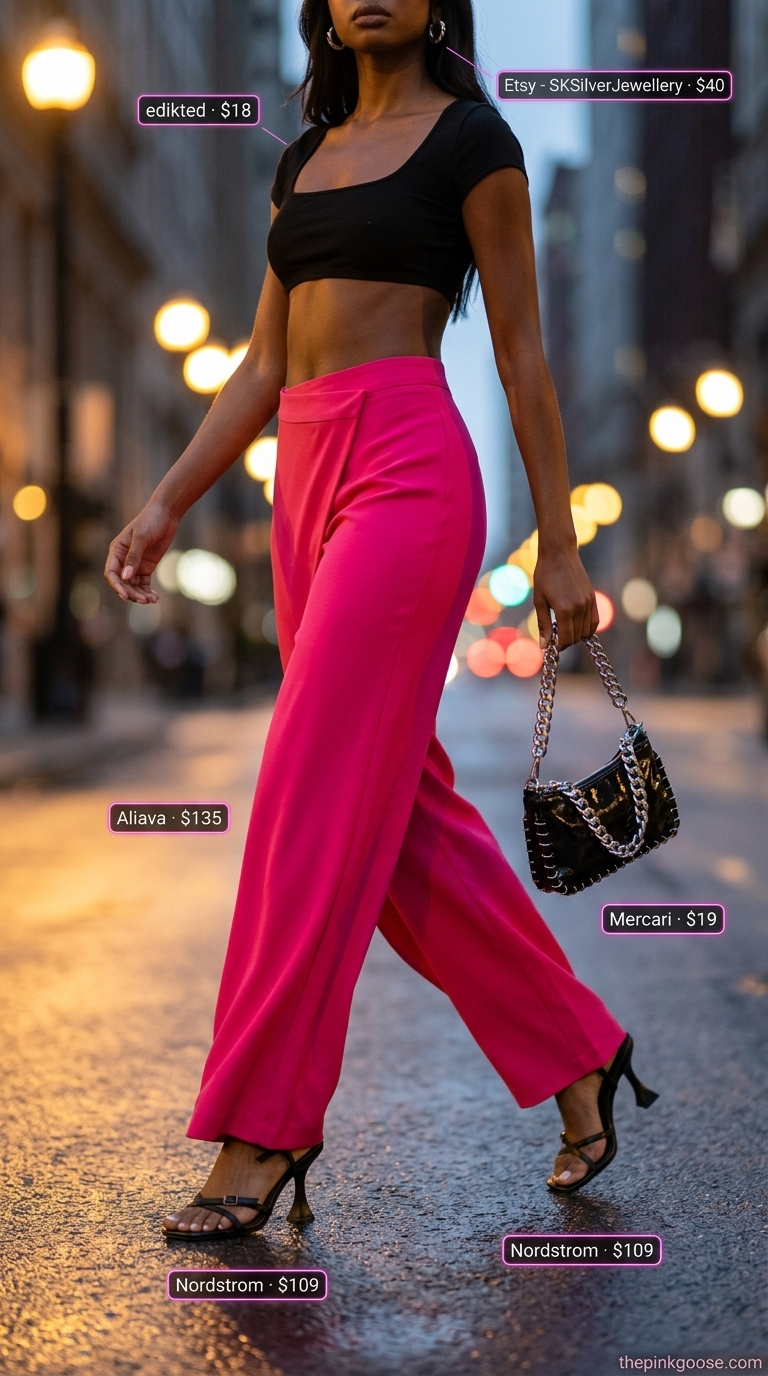 Hot pink coquette summer outfit 2026: Wide-leg trousers, crop top, stiletto sandals for evening.