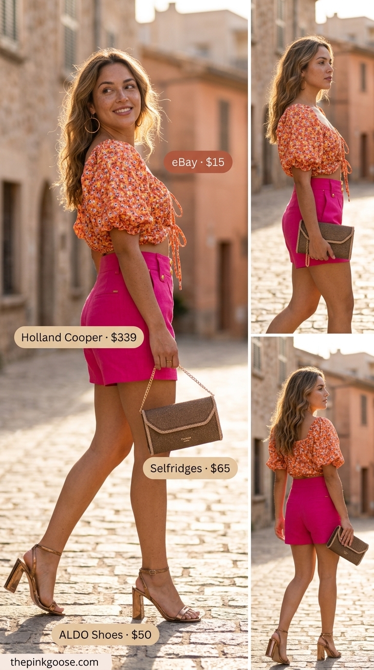 Fuchsia coquette summer outfit 2026: Floral crop top, linen shorts, block heels for tropical vibes.