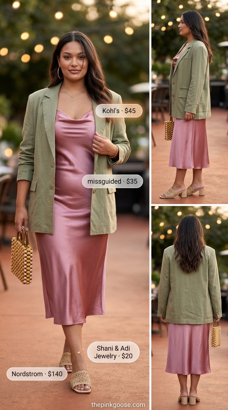 Millennial pink satin slip dress with sage green blazer, perfect for pink coquette summer outfits 2026.