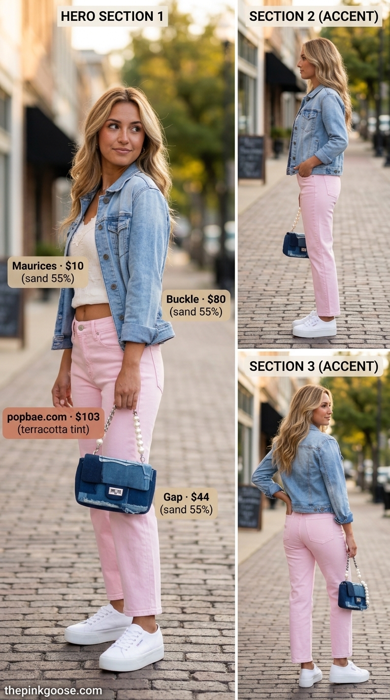 Bubblegum pink jeans with denim jacket, a playful pink coquette summer outfit 2026.