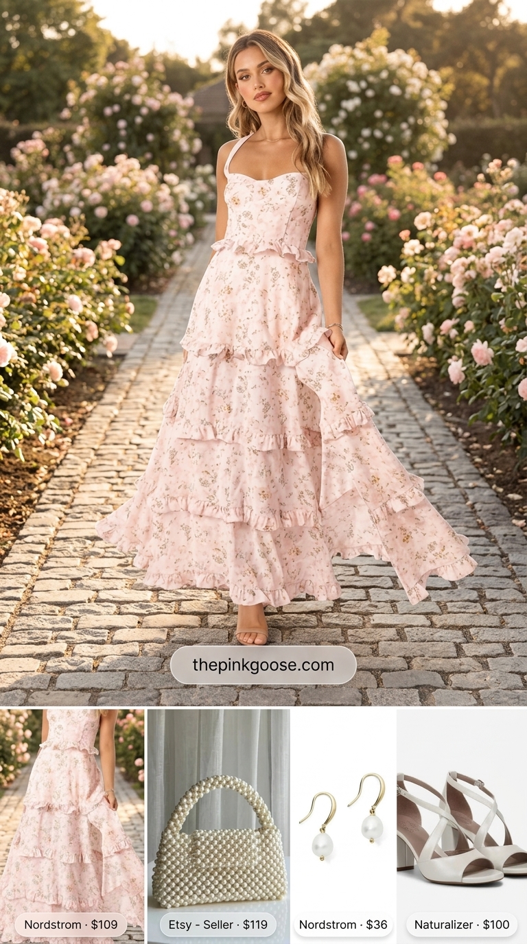 Dusty rose floral maxi dress with pearl clutch, a dreamy pink coquette summer outfit 2026 option.