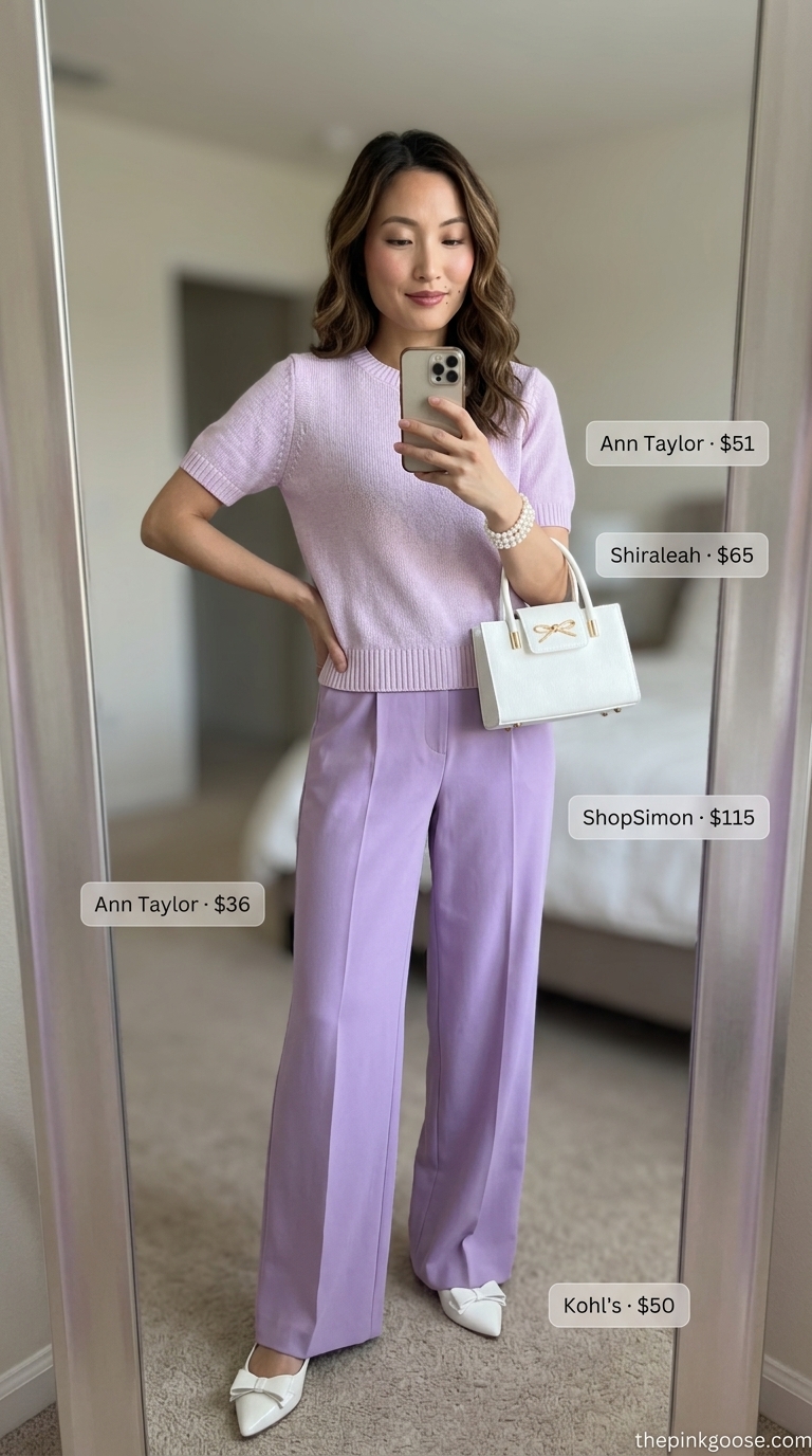 Pink coquette summer outfits 2026: Lavender wide-leg trousers, pale pink knit top, white tote, and pearl bracelet for a luncheon.
