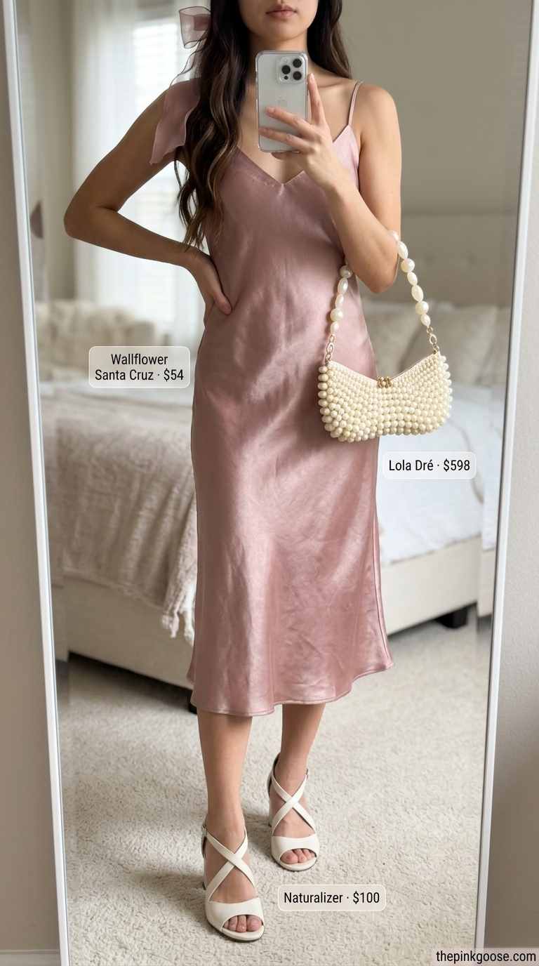 Dusty rose bias-cut midi slip dress with gold jewelry, an elegant pink coquette summer outfit 2026.