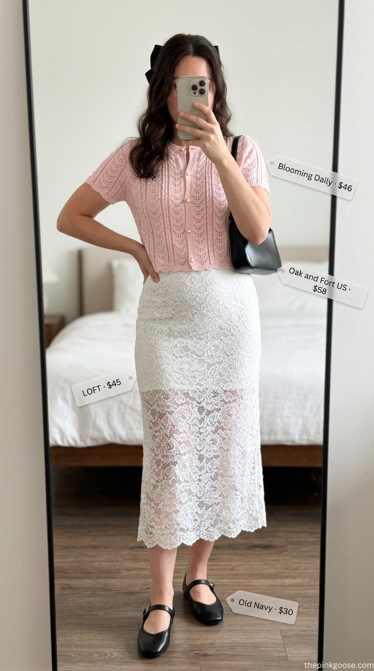 Pink coquette summer outfits 2026: Soft pink cardigan top, white lace midi skirt, black flats, and hair bow for brunch.