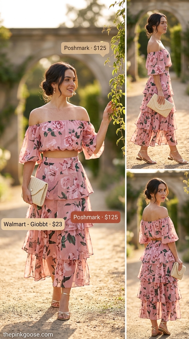 Pink coquette summer outfits 2026: Peony pink floral set, cream clutch, gold sandals for a garden party.