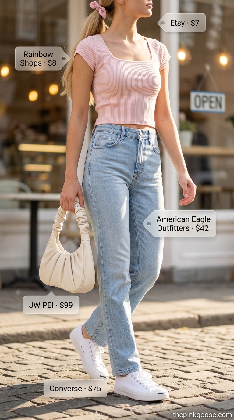 Pink coquette summer outfits 2026: Pastel pink crop top, light wash jeans, white sneakers, and ribbon for a casual date.