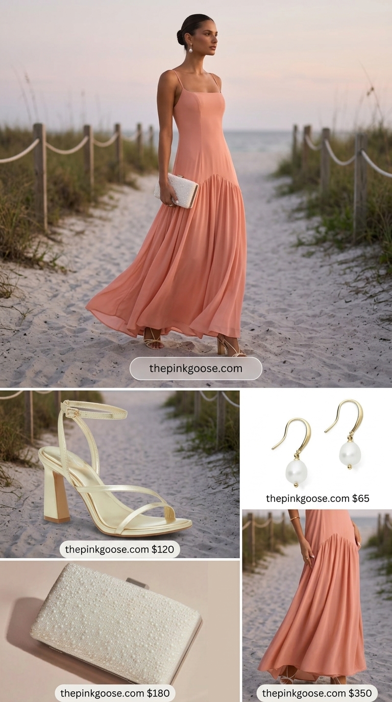 Pink coquette summer outfits 2026: Peach pink maxi dress, gold heels, and pearl clutch for an elegant evening event.