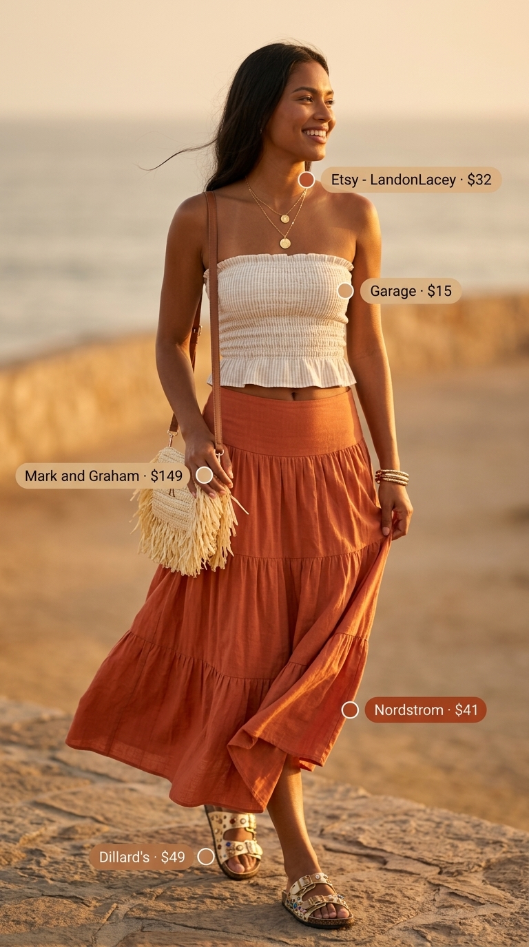 Tall women summer outfits 2026: Terracotta maxi skirt, cream bandeau top for island escape.