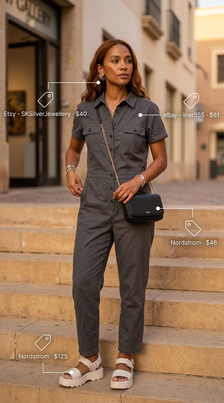 Tall women summer outfits 2026: Charcoal wide-leg jumpsuit, chunky sandals for modern look.