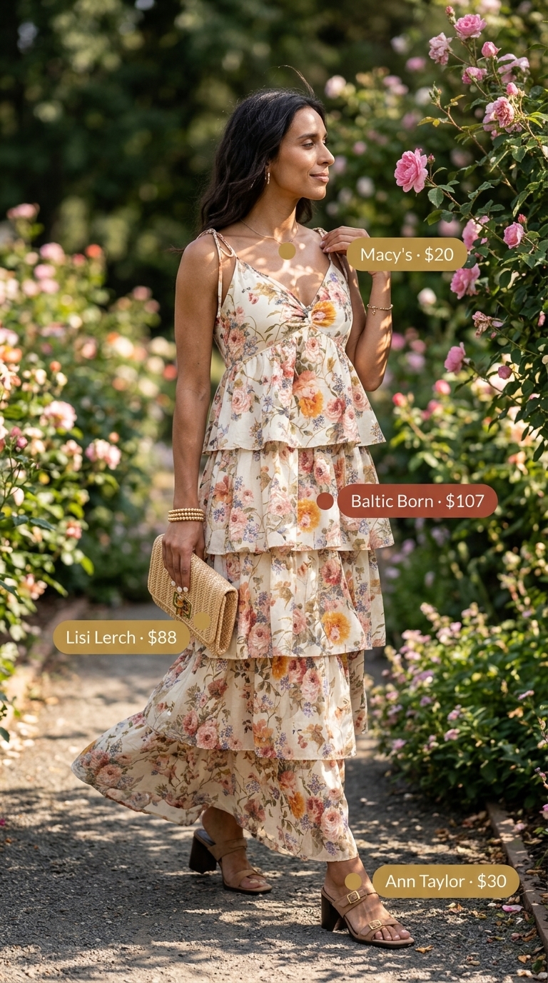Tall women summer outfits 2026: Floral maxi dress, tan block heels, straw clutch for a garden party.