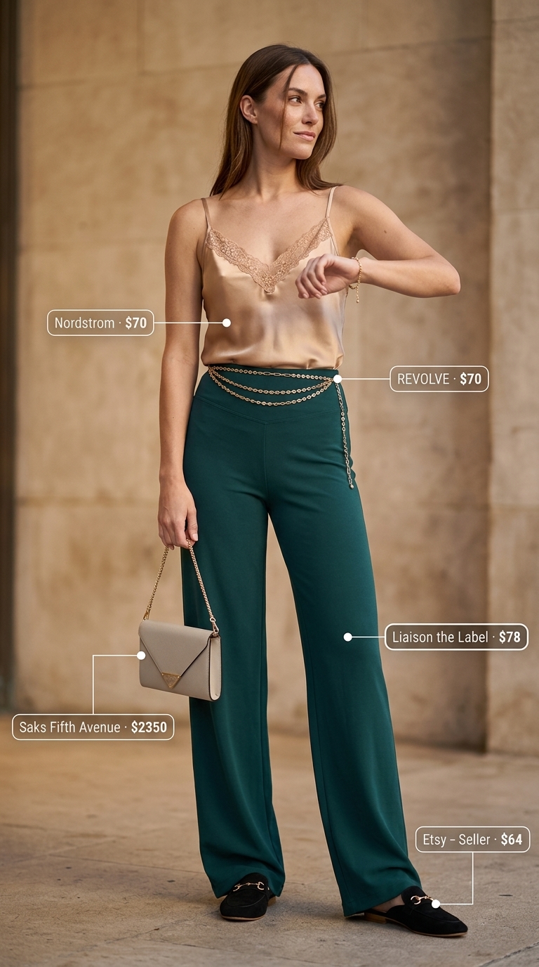 Tall women summer outfits 2026: Teal green tailored trousers and silk camisole for a polished art walk look.