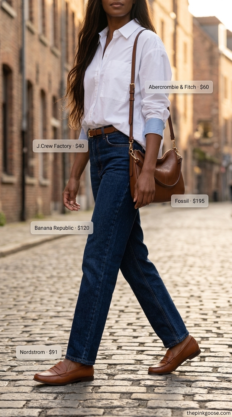 Tall women summer outfits 2026: Dark wash straight-leg jeans and white shirt for casual Friday. Classic and stylish.