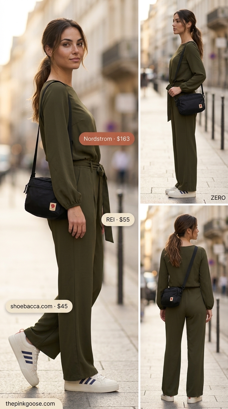 Tall women summer outfits 2026: Olive green utility jumpsuit for an adventurous weekend trip. Practical and modern.