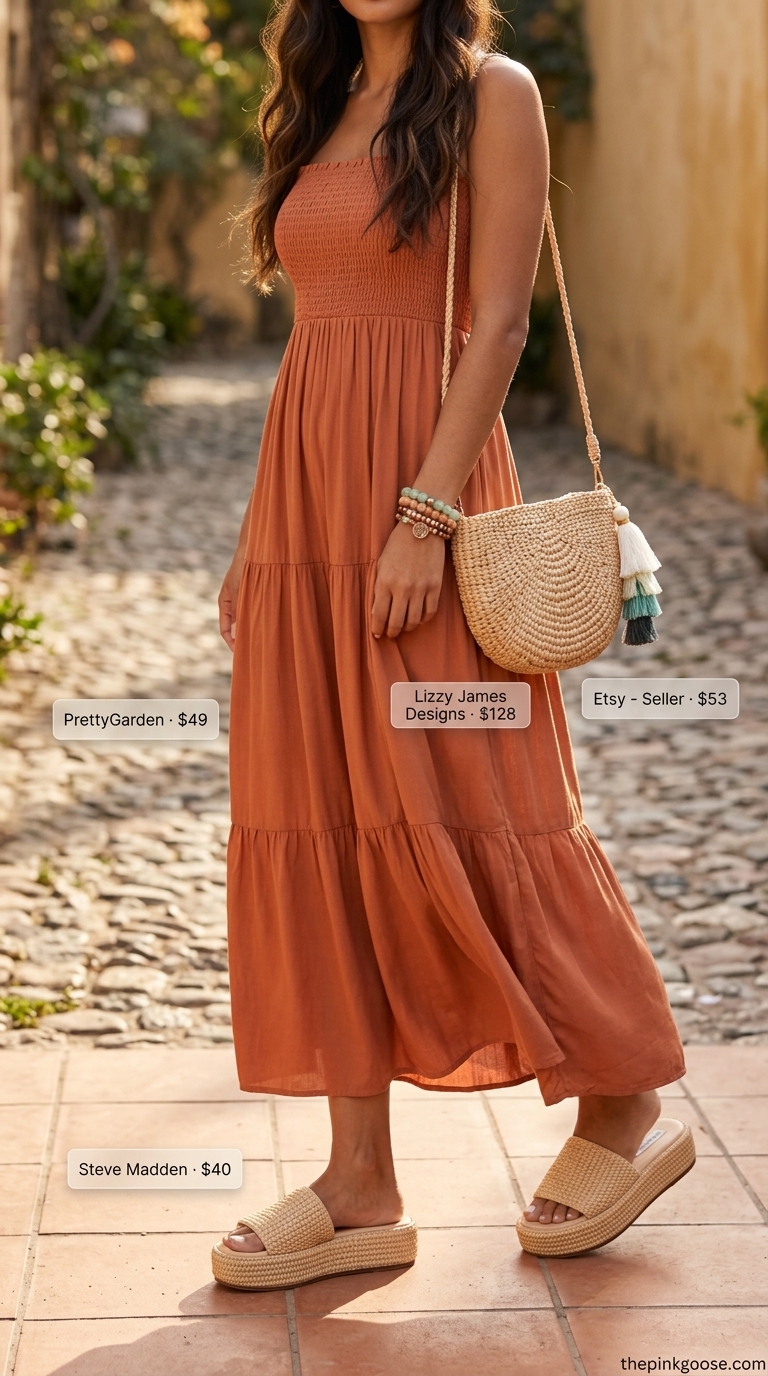Tall women summer outfits 2026: Terracotta maxi dress, tan slides, straw bag for bohemian vacation style.
