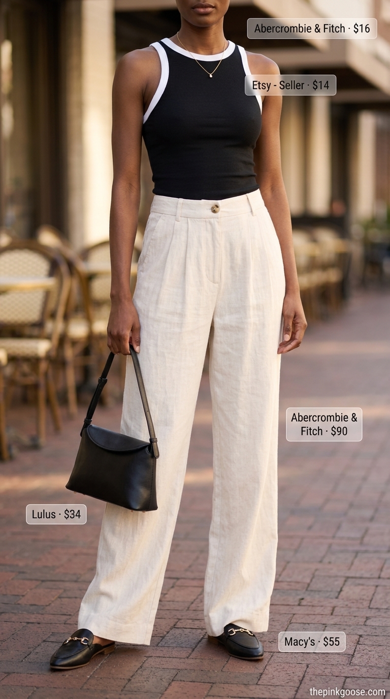Tall women summer outfits 2026: Cream wide-leg trousers and black tank for a sophisticated city look. Ideal for brunch.
