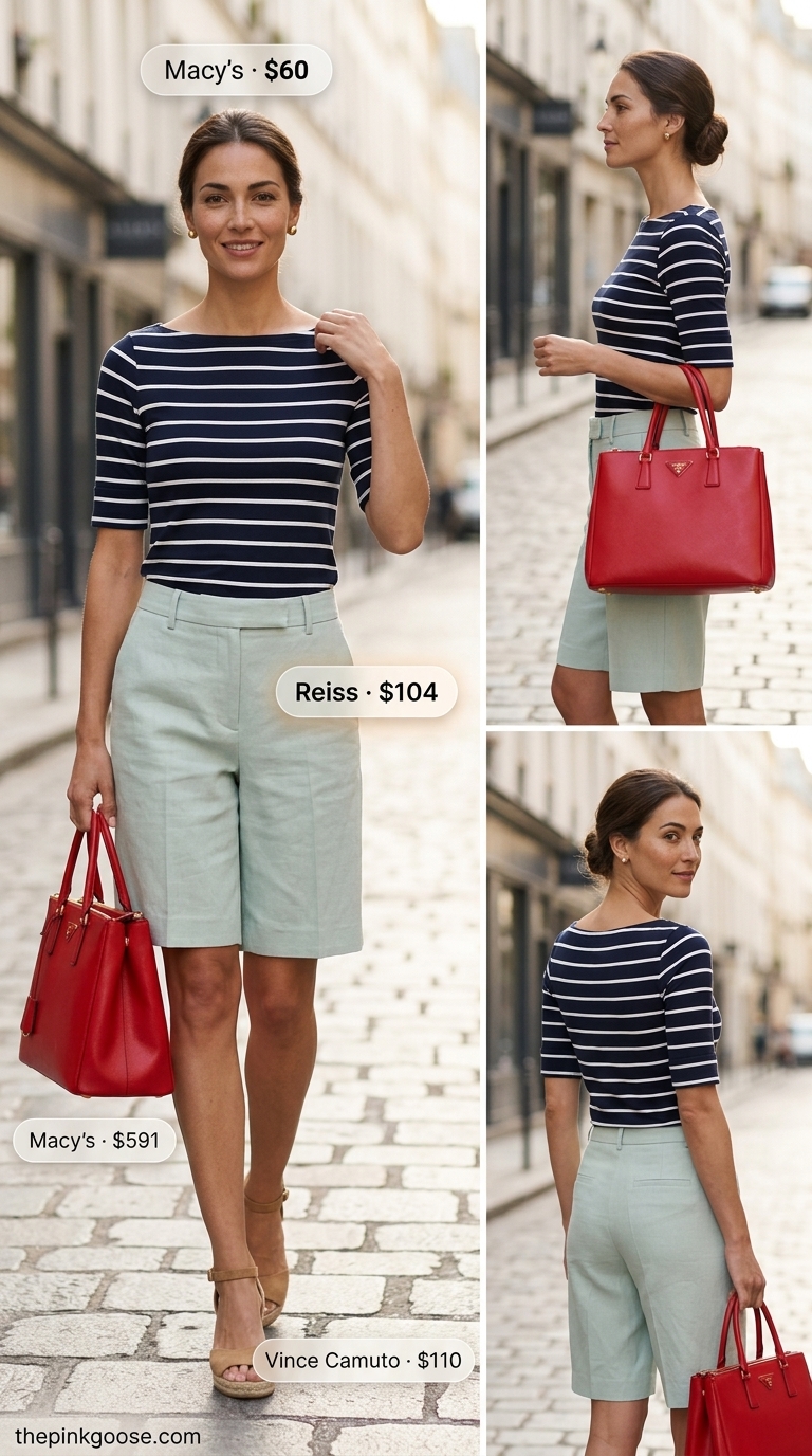 Tall women summer outfits 2026: Navy linen shorts, striped boatneck top, red tote for resort lunch.