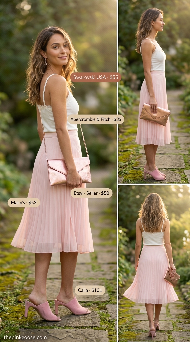 Tall women summer outfits 2026: Blush pink floral midi skirt and cream camisole for a romantic garden party.