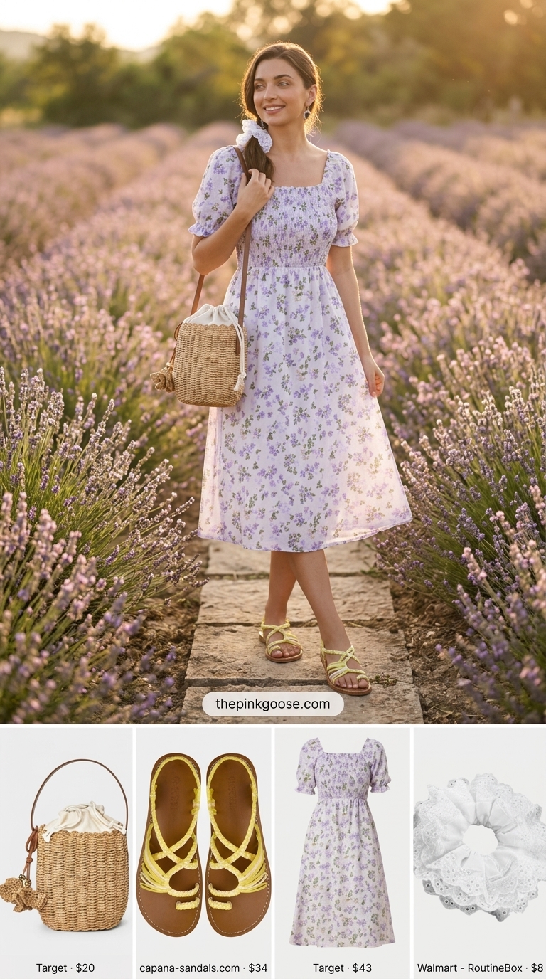 Tall women summer outfits 2026: Lavender floral midi dress for a whimsical garden visit. Playful and dreamy.