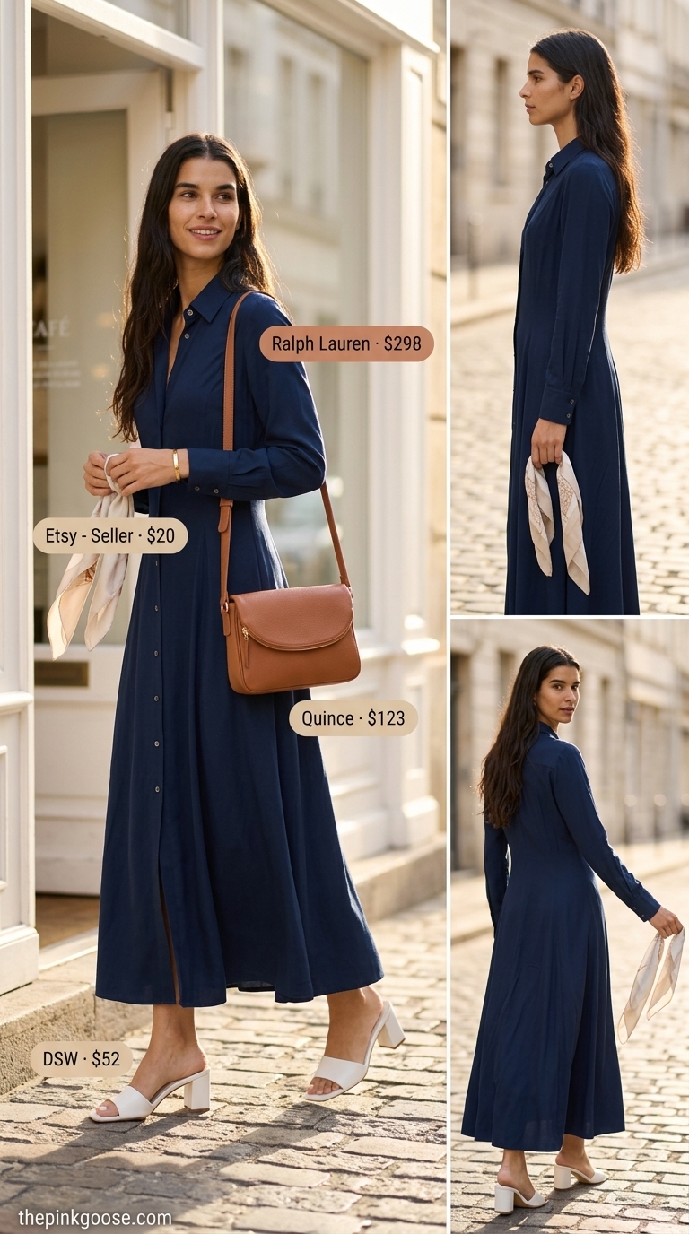 Tall women summer outfits 2026: Sky blue shirt dress, white slides, cognac bag for polished business casual.