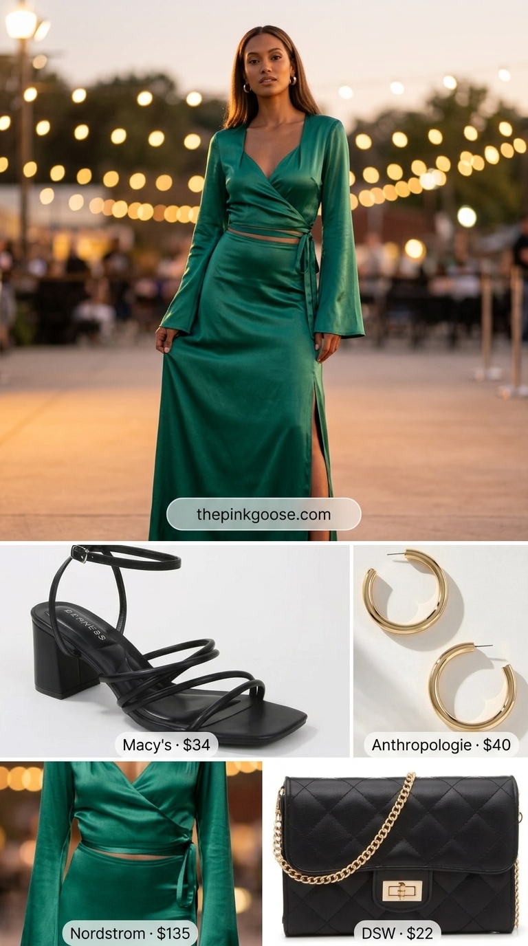 Tall women summer outfits 2026: Emerald green satin matching set for a glamorous evening event. Features maxi skirt and crop top.