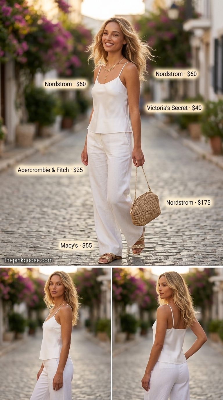 Tall women summer outfits 2026: White linen trousers and satin camisole for coastal elegance. Breezy and relaxed luxury.