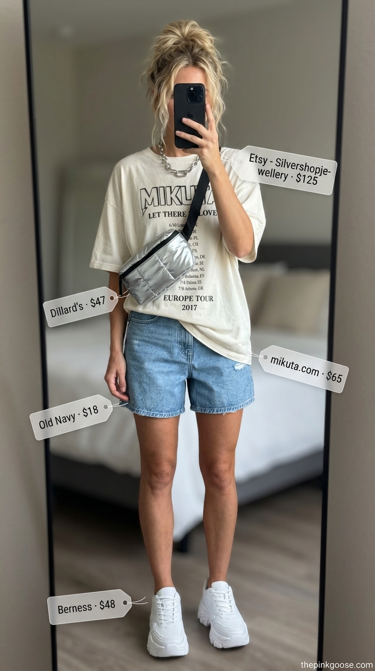 Tall women summer outfits 2026: Denim shorts, graphic tee, silver belt bag for urban exploration.