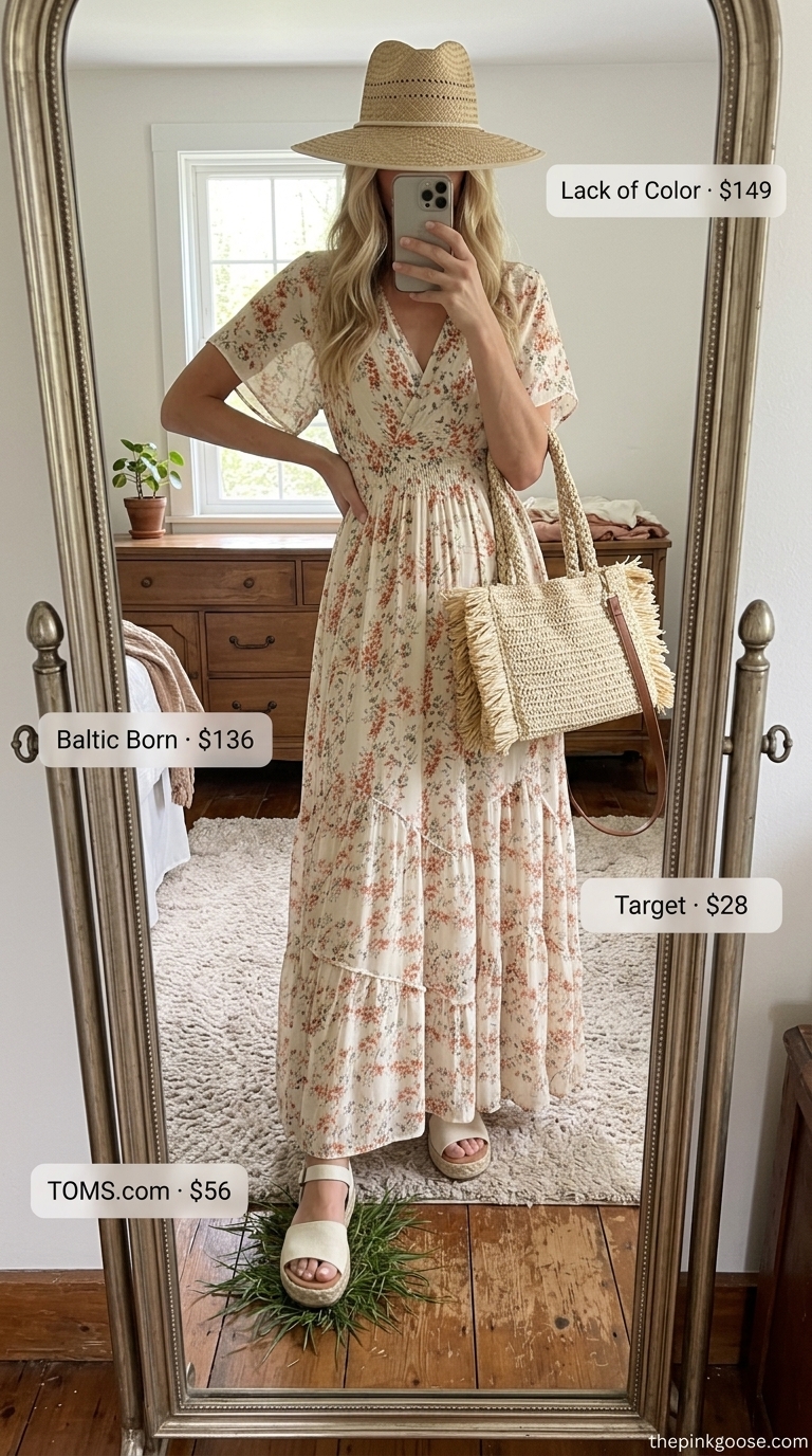 Tall women summer outfits 2026: Earthy floral maxi dress, espadrilles, straw hat for bohemian style.