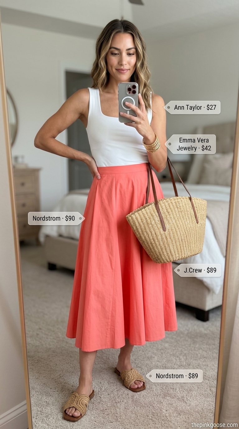 Tall women summer outfits 2026: Coral midi skirt, white top for vibrant market day.