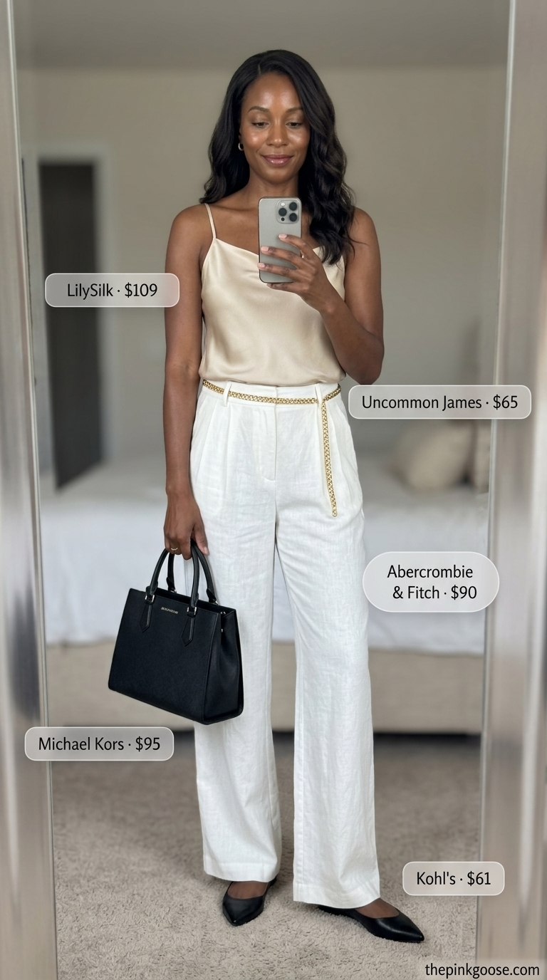 Tall women summer outfits 2026: Ivory wide-leg trousers, camel camisole, black flats for Parisian chic.