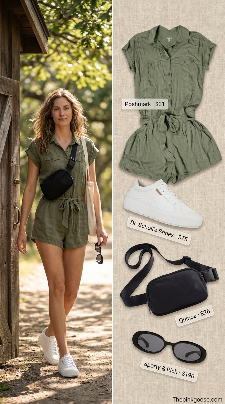 Tall women summer outfits 2026: Olive utility romper, black belt bag for adventure day.