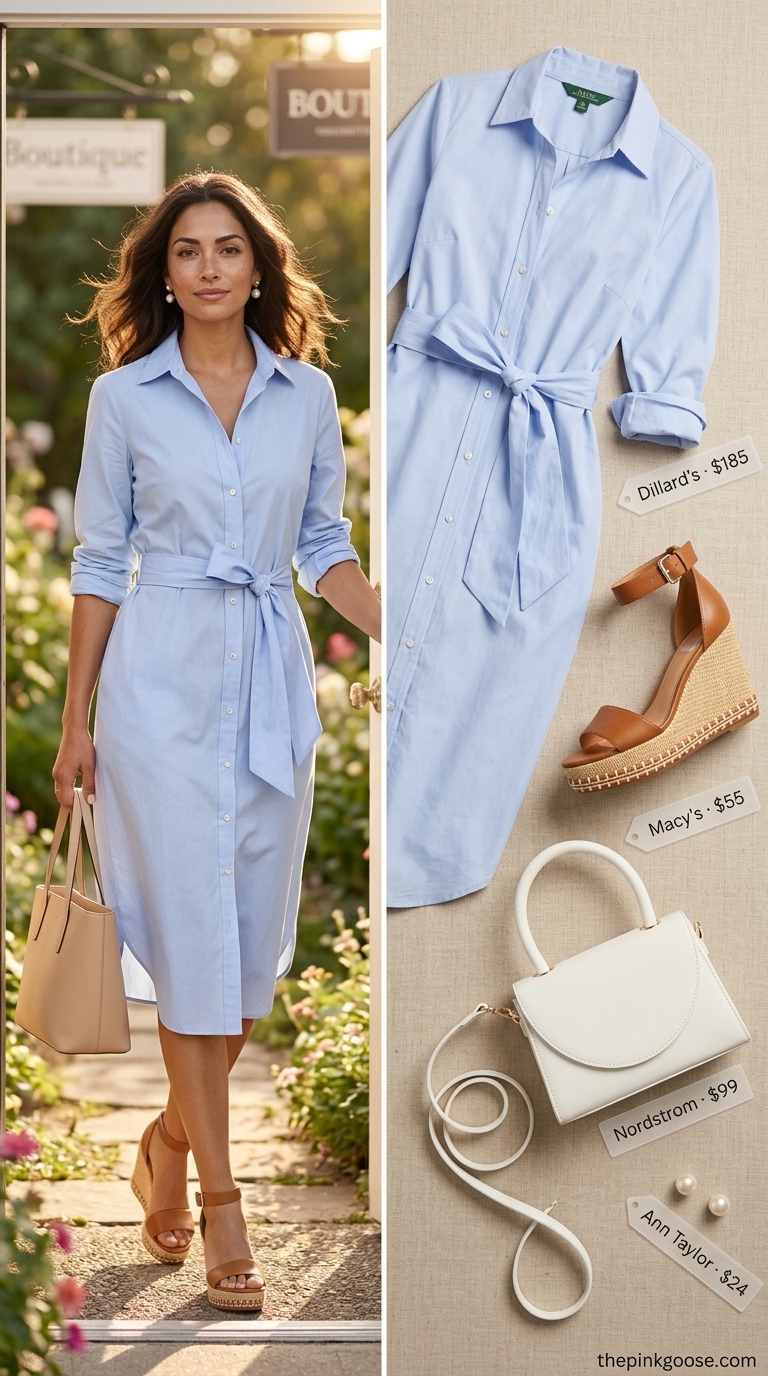 Tall women summer outfits 2026: Sky blue shirt dress, tan espadrilles for garden lunch.