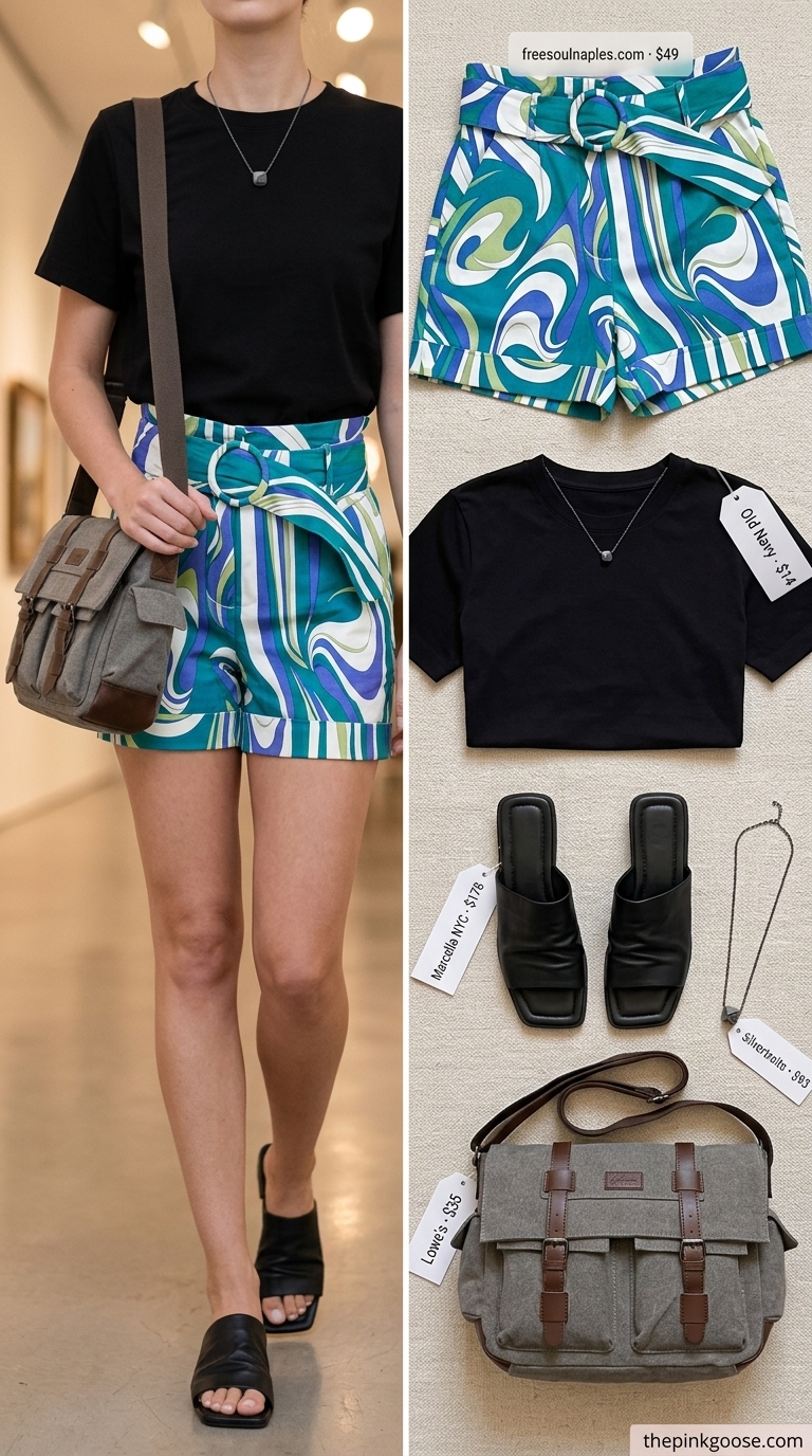 Tall women summer outfits 2026: Abstract print shorts, black tee for artsy stroll.